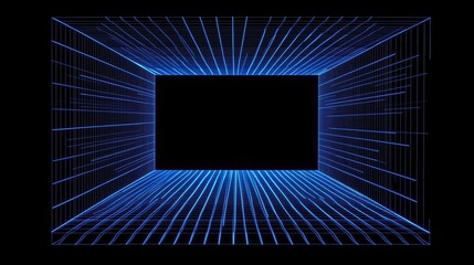 Leinwandbilder - Futuristic blue wire - frame tunnel with glowing lines, creating a sense of depth and digital space.