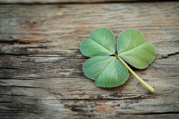 Poster - close-up of single shamrock leaf resting on rustic wooden surface with soft natural light