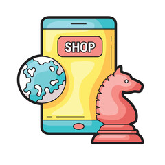 Aufkleber - Phone with shop button, globe, and knight icons, great for ecommerce websites and travel or gaming apps targeting global users.