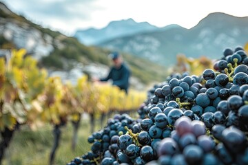 Poster - close-up of winemaker inspecting grape clusters in vineyard with blurred mountains creating depth