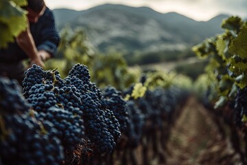 Poster - close-up of winemaker inspecting grape clusters in vineyard with blurred mountains creating depth