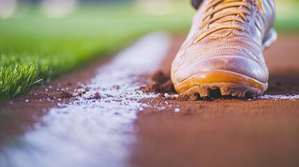 Wall Mural - close-up of cleats digging into batter box with softly blurred chalk lines and grass in background