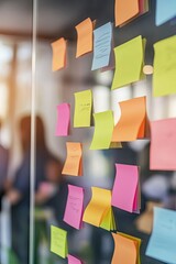 Poster - close-up of colorful sticky notes on glass wall with team members blurred in background