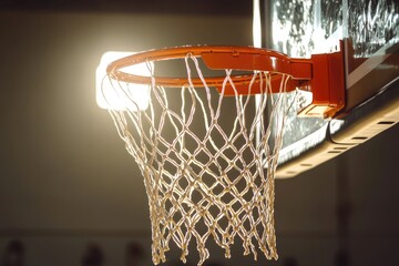 Poster - close-up of basketball net with threads illuminated by sunlight framed by softly blurred backboards