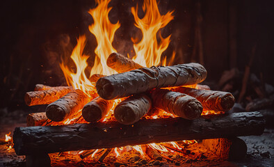 Poster - A pile of wood is burning in a fire, with the flames reaching up to the sky. The fire is hot and bright, creating a warm and cozy atmosphere