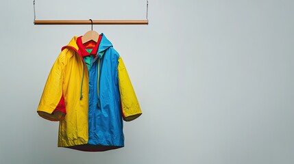 Poster - creative image of child colorful raincoat hanging on simple rack set against clean white background with ample copy