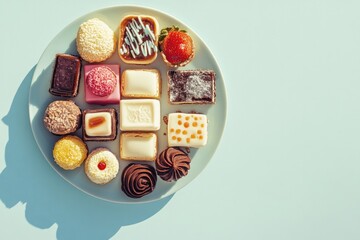 Poster - decorative plate of sweets arranged on light blue background with soft shadows