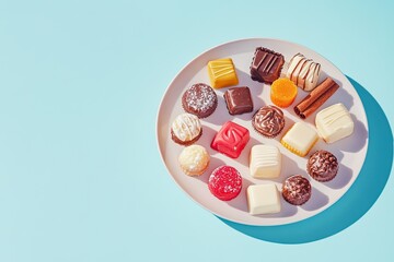 Poster - decorative plate of sweets arranged on light blue background with soft shadows