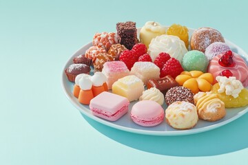 Poster - decorative plate of sweets arranged on light blue background with soft shadows