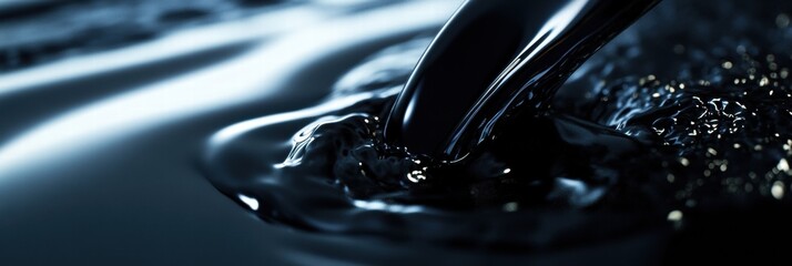 Poster - Liquid black substance flowing smoothly in a dynamic swirling motion under low light conditions. Generative AI