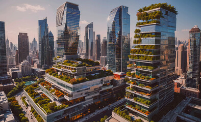 Poster - A city with two tall buildings with green roofs. The buildings are surrounded by trees and plants. The city is bustling with activity