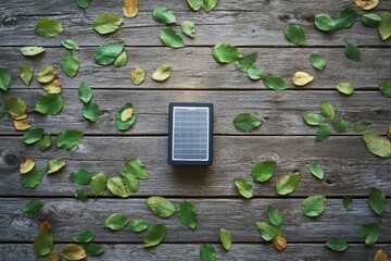 Poster - flat lay of small solar-powered light surrounded by scattered green leaves on rustic wooden surface