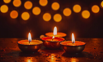 Poster - three candles are lit and placed in a row on a table. the candles are orange and the table is dark. 