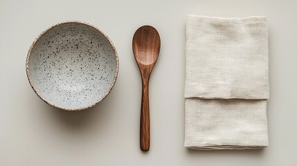 Poster - In a serene flat-lay arrangement, a speckled ceramic bowl rests beside a smooth wooden spoon and a folded textured cloth, showcasing a modern and minimalist aesthetic perfect for any dining setup