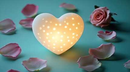 Poster - glowing heart-shaped light casting soft patterns on smooth teal surface surrounded by delicate rose petals