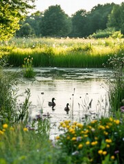 Leinwandbilder - Ducks swimming in a tranquil pond surrounded by lush greenery and vibrant wildflowers at sunset in early summer. Generative AI