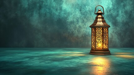 Poster - glowing lantern casting intricate patterns on smooth turquoise surface