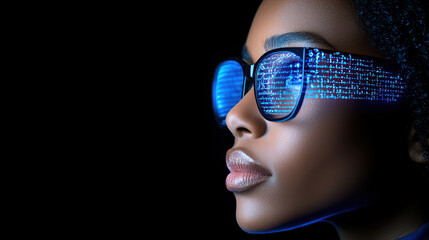 Poster - Innovative woman wearing glasses with digital data reflection