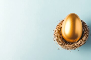 Poster - golden egg resting in small nest on light blue solid background