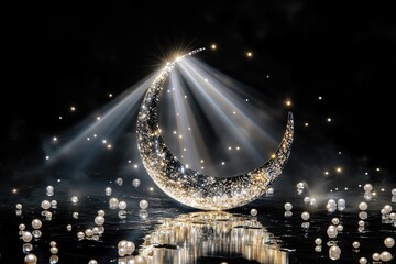 Poster - holographic crescent moon casting soft light beams onto black reflective surface with scattered pearls