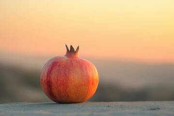 Wall Mural - A single ripe pomegranate rests on a surface during a soft, warm sunset.