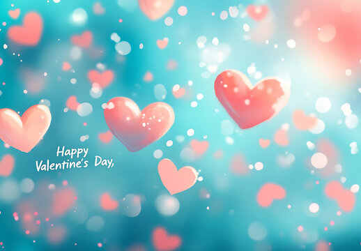 Happy Valentine's Day, handwritten lettering, vector illustration, pink and blue background with hearts, typography design, romantic mood, love concept