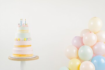 Poster - minimalist birthday party setup with pastel balloons tiered cake and clean white background