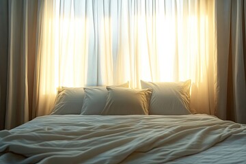 Poster - peaceful bedroom scene with soft natural light streaming through curtains illuminating neatly made bed