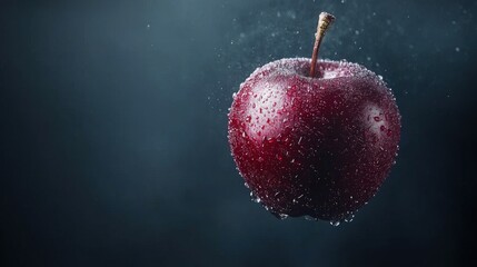 Wall Mural - floating red apple in air against dark background with water droplets