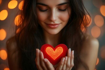 Wall Mural - Beautiful girl holding glowing red heart in her hands