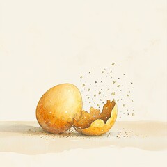 Poster - soft watercolor illustration of cracked golden egg with small stars spilling out on light beige surf