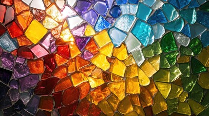 Poster - vibrant display of colorful glass fragments arranged in abstract mosaic reflecting bright and soft light