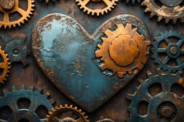 Leinwandbilder - Metal heart and gears showing romance and industrial concept