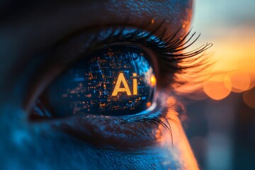 Fototapete - Eye reflecting artificial intelligence circuitry and the letters ai