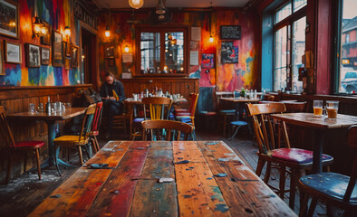 Aufkleber - A colorful restaurant with a man sitting at a table. The chairs are colorful and the tables are made of wood