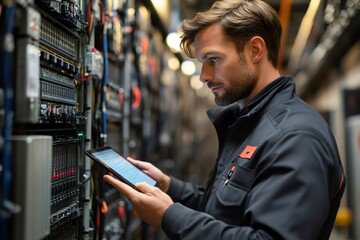 Poster - It engineer using digital tablet checking servers in data center