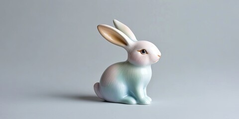 Poster - ceramic bunny figurine painted in soft pastel tones sitting on light gray solid background