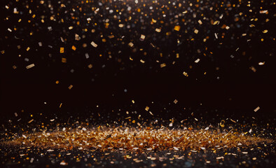 Poster - A black background with gold confetti falling from the sky. The confetti is scattered all over the ground, creating a festive and celebratory atmosphere