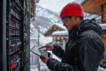 Poster - It engineer using tablet and checking server rack in snowy mountain environment