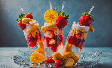 Poster - Three glasses of fruit punch with straws in them. The glasses are filled with fruit and ice