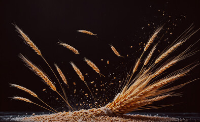 Poster - A bunch of wheat is flying through the air. Concept of chaos and movement, as the wheat is scattered in all directions