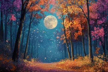 Wall Mural - Autumnal Forest Path Underneath a Bright Moon