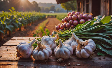 Poster - A wooden table is covered with a variety of vegetables, including garlic. The garlic is in a bunch and is spread out on the table. There are also several apples and onions scattered around the table