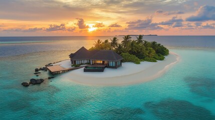 Wall Mural - breathtaking sunset over a tropical beach with a secluded wooden house and lush greenery