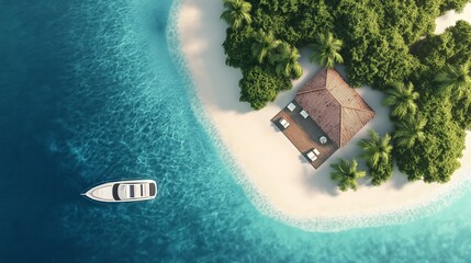 Wall Mural - tropical island beach view with a house and traditional wooden boat near