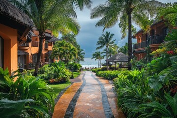 Tropical resort walkway leading to beautiful beach with orange bungalows and lush vegetation