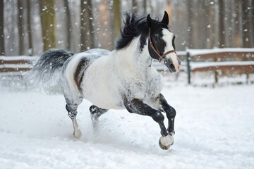 Wall Mural - spotted horse running in snow paddock during winter