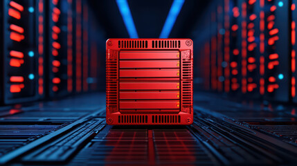 Poster - Red server in data center with glowing lights and technology