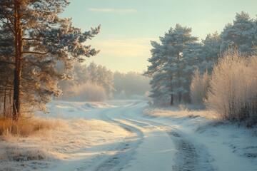 Wall Mural - Snowy road winding through a frosty pine forest at sunrise