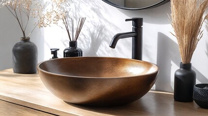 Wall Mural - A photograph of a modern bathroom sink and faucet with decorative accents on a light-colored wood surface.